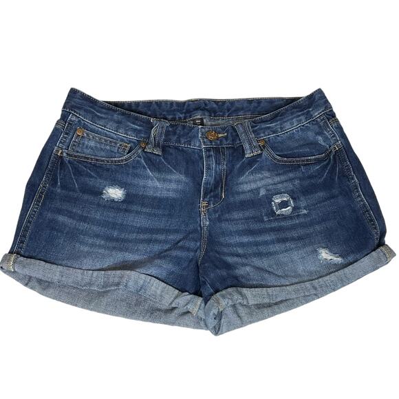 Gap Women’s Size 10 Factory Distressed Roll Hem Denim Shorts Dark Wash Mid Rise - Picture 1 of 11